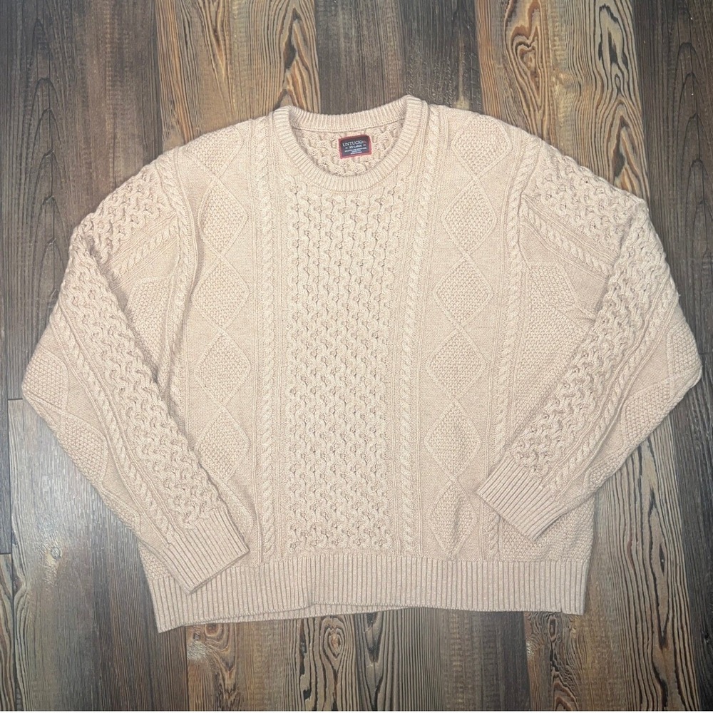 UNTUCKit Men's Zefino Cable Crewneck Sweater Tan‎ Merino Wool Cotton XX-Large